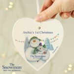 Personalised The Snowman and the Snowdog Hanging Wooden Heart Decoration