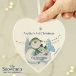 Personalised The Snowman and the Snowdog Hanging Wooden Heart Decoration
