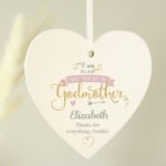 Personalised 'I Am Glad That You're My Godmother' Hanging Wooden Heart Decoration - Image 2
