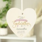 Personalised 'I Am Glad That You're My Godmother' Hanging Wooden Heart Decoration - Image 3