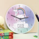 Personalised Rainbow Unicorn Design Wooden Wall Clock