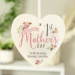 Personalised Floral Bouquet Design 'Happy 1st Mother's Day' Hanging Wooden Heart Decoration
