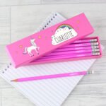 Personalised Rainbow Unicorn Design Box of 12 Pink HB Pencils - Image 2