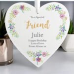 Personalised Any Message Floral Watercolour Design Large Wooden Heart Decoration
