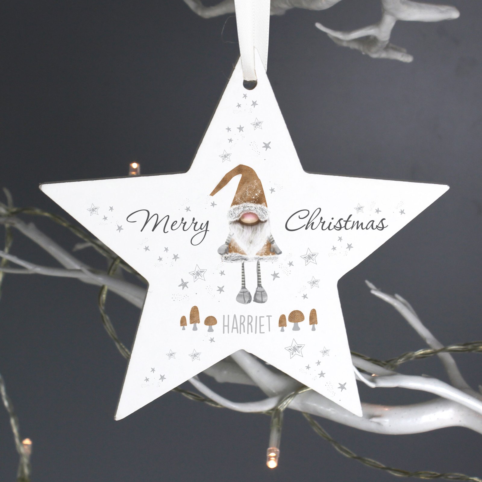 P1011D26 Personalised 'Merry Christmas' Gonk Design Hanging Wooden Star Decoration Personalised 'Merry Christmas' Gonk Design Hanging Wooden Star Decoration - Image 1