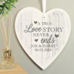 Personalised 'A True Love Story Never Ends' Large Hanging Wooden Heart Decoration - Image 2