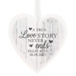 Personalised 'A True Love Story Never Ends' Large Hanging Wooden Heart Decoration - Image 5