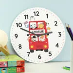 Personalised Children's London Bus & Animals Design Round Wooden Wall Clock