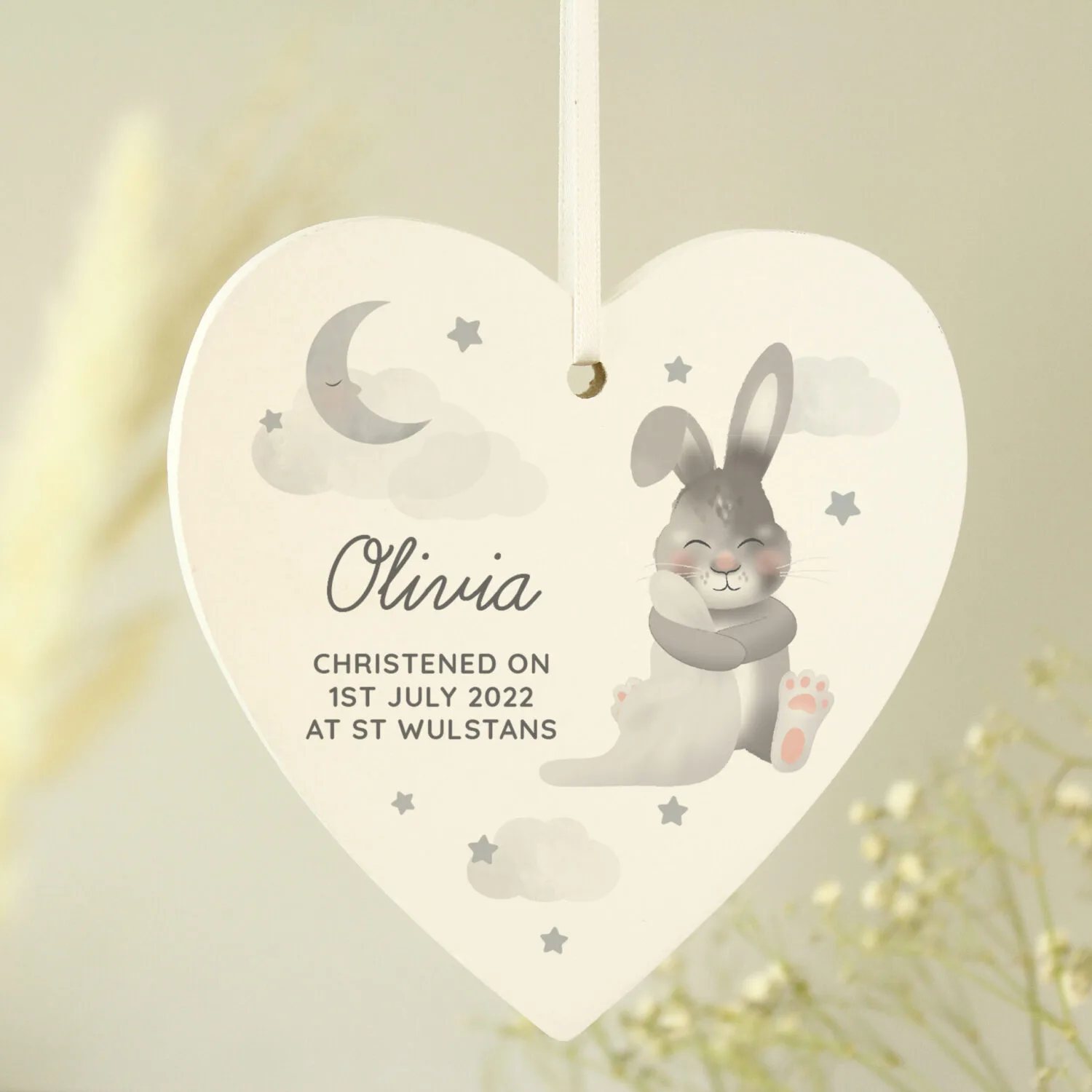P1011D72 Personalised Baby Bunny Design Hanging Wooden Heart Decoration Personalised Baby Bunny Design Hanging Wooden Heart Decoration - Image 1