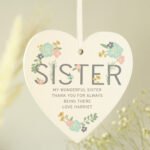 Personalised Floral Design 'Sister' Hanging Wooden Heart Decoration