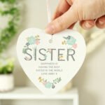 Personalised Floral Design 'Sister' Hanging Wooden Heart Decoration - Image 2
