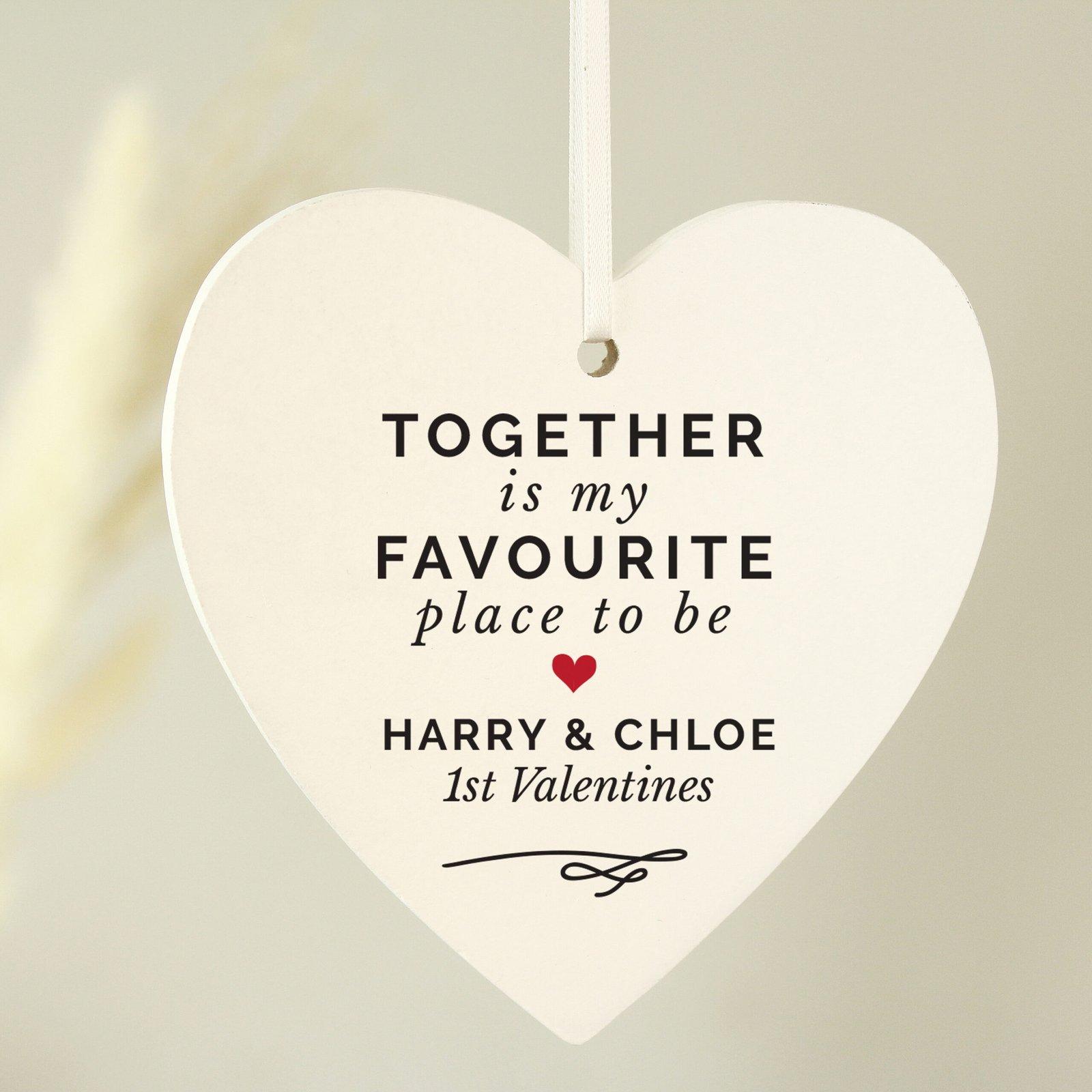 P1011E05 Personalised 'Together Is My Favourite Place To Be' Hanging Wooden Heart Decoration Personalised 'Together Is My Favourite Place To Be' Hanging Wooden Heart Decoration - Image 1