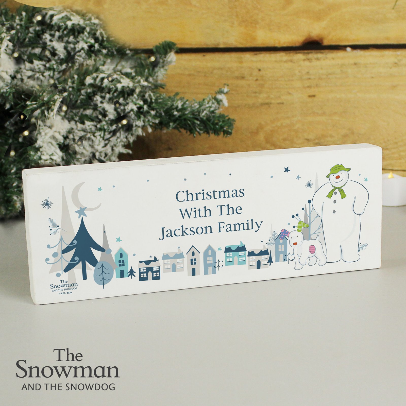 P1011E11 Personalised The Snowman and the Snowdog Wooden Mantel Decoration Personalised The Snowman and the Snowdog Wooden Mantel Decoration - Image 1