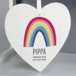 Personalised Rainbow Design Large Hanging Wooden Heart Decoration