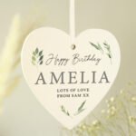 Personalised Any Message Botanical Design Hanging Wooden Heart Decoration - Image 3