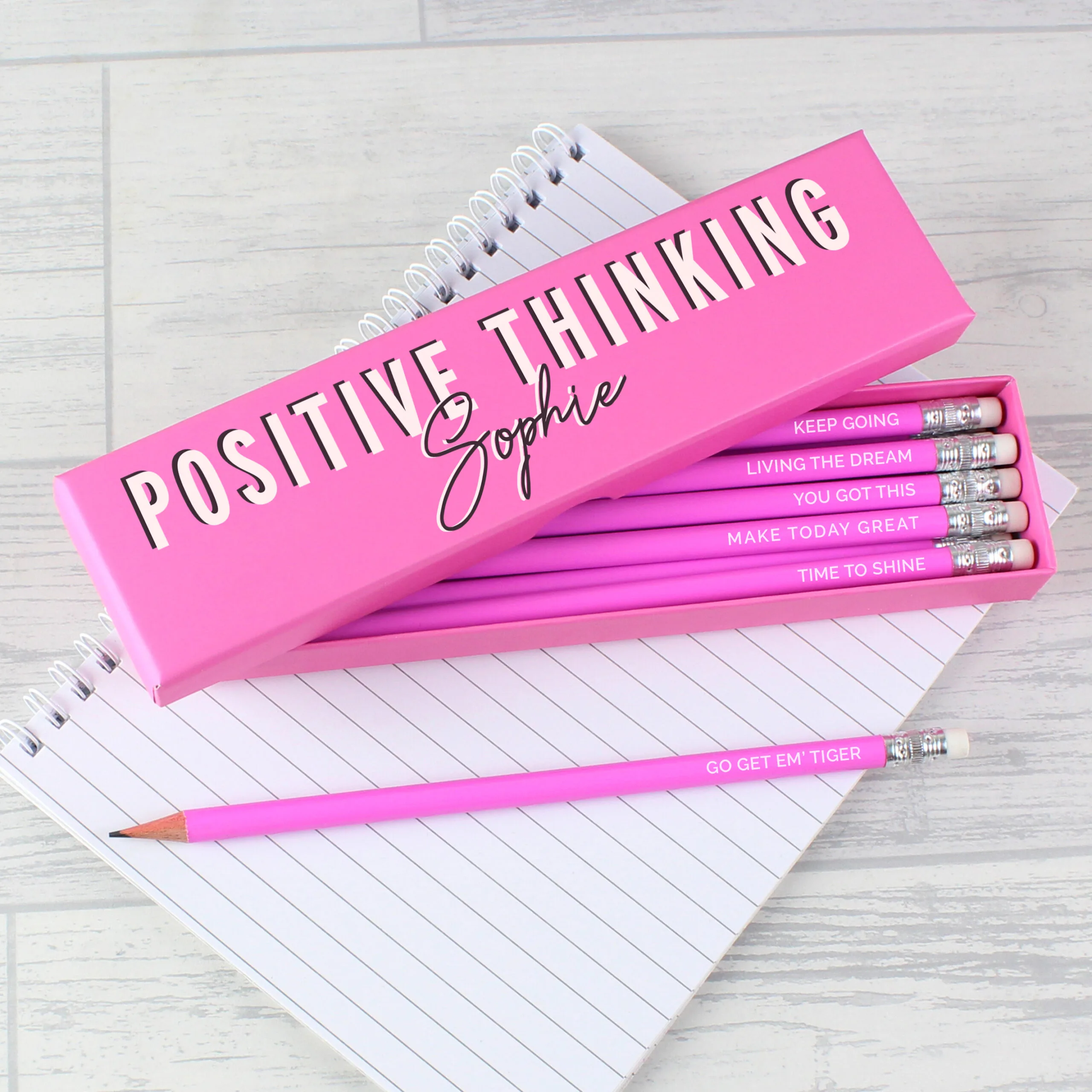 Personalised 'Positive Thinking' Pencil Box & 12 Pink HB Pencils - Image 2