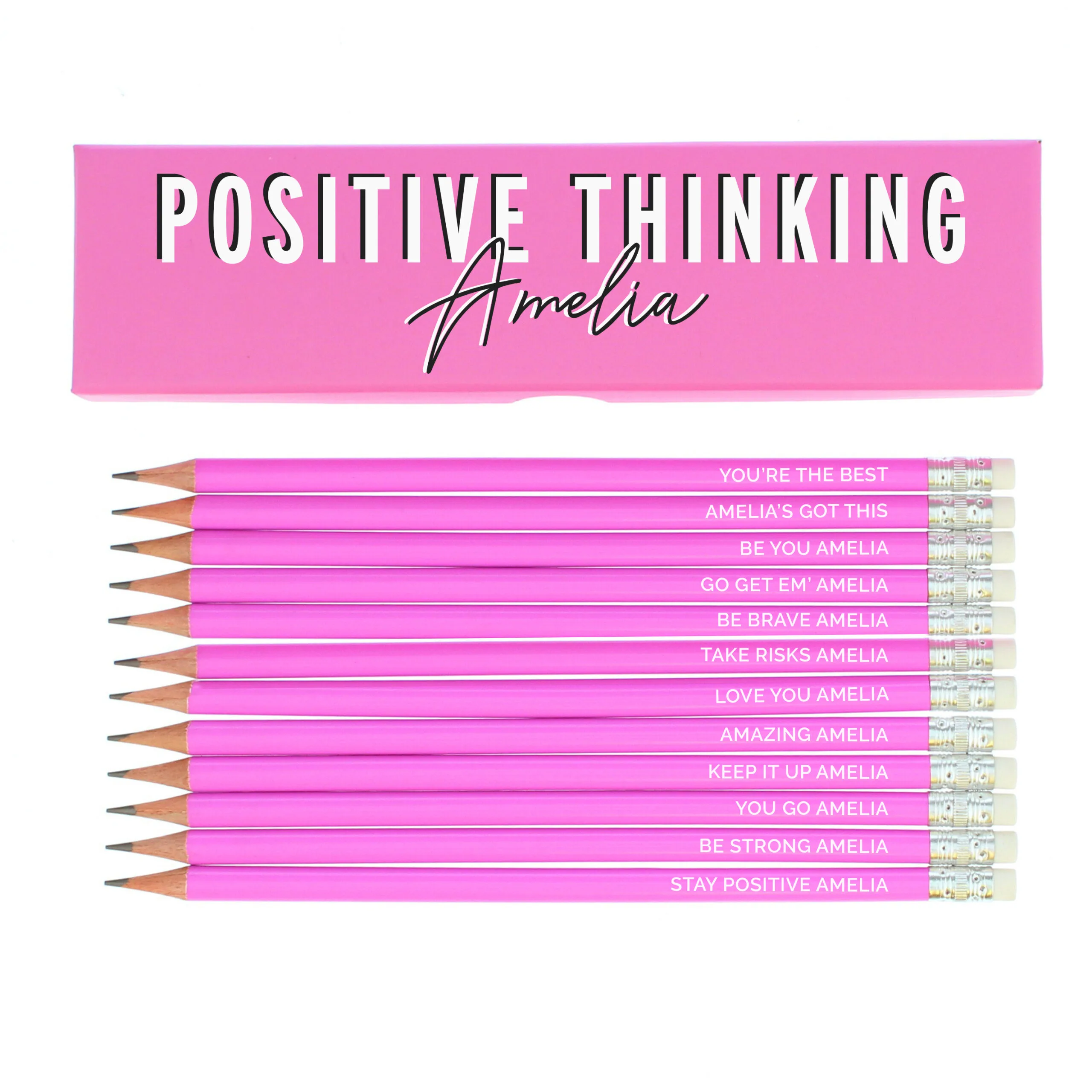 Personalised 'Positive Thinking' Pencil Box & 12 Pink HB Pencils - Image 3
