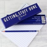 Personalised 'Getting Stuff Done' Pencil Box & 12 Blue HB Pencils - Image 2
