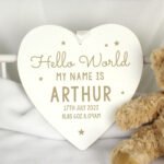 Personalised 'Hello World My Name Is' Large Hanging Wooden Heart Decoration - Image 3