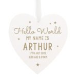Personalised 'Hello World My Name Is' Large Hanging Wooden Heart Decoration - Image 4