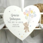 Personalised Teddy & Balloons New Baby White Wooden Heart Decoration