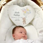 Personalised Teddy & Balloons New Baby White Wooden Heart Decoration - Image 2