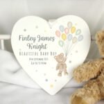 Personalised Teddy & Balloons New Baby White Wooden Heart Decoration - Image 3