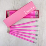 Personalised Name Only Heart Motif Pencil Box & 12 Pink HB Pencils