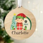 Personalised Cute Elf Design Round Wooden Christmas Decoration