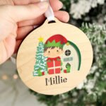 Personalised Cute Elf Design Round Wooden Christmas Decoration - Image 2