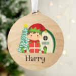 Personalised Cute Elf Design Round Wooden Christmas Decoration - Image 3