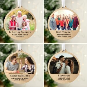 P1011E87 Personalised Any Message Photo Upload Round Hanging Wooden Decoration 2