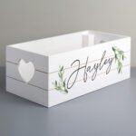 Personalised Name Only Botanical Design Small White Wooden Storage Crate