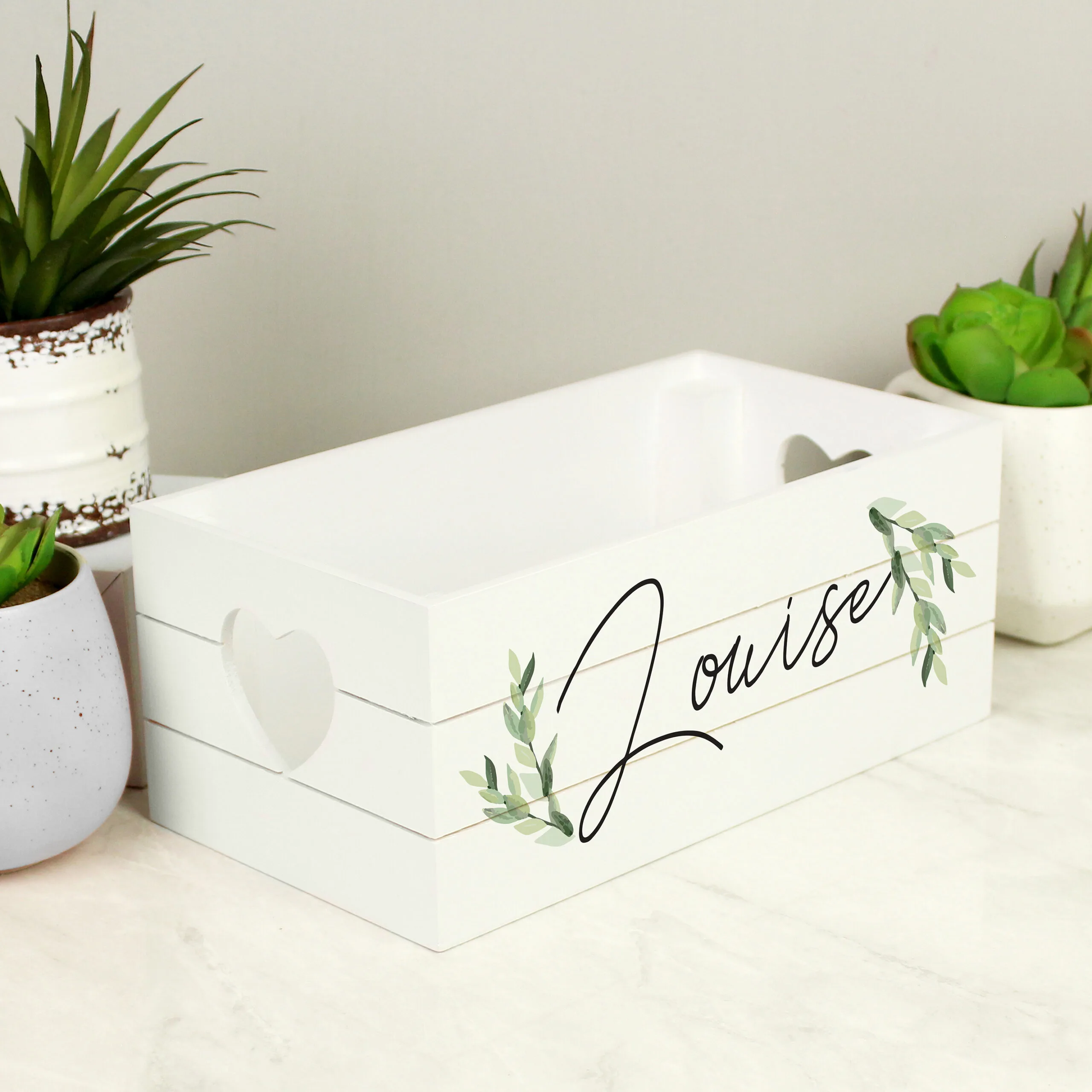 Personalised Name Only Botanical Design Small White Wooden Storage Crate - Image 3