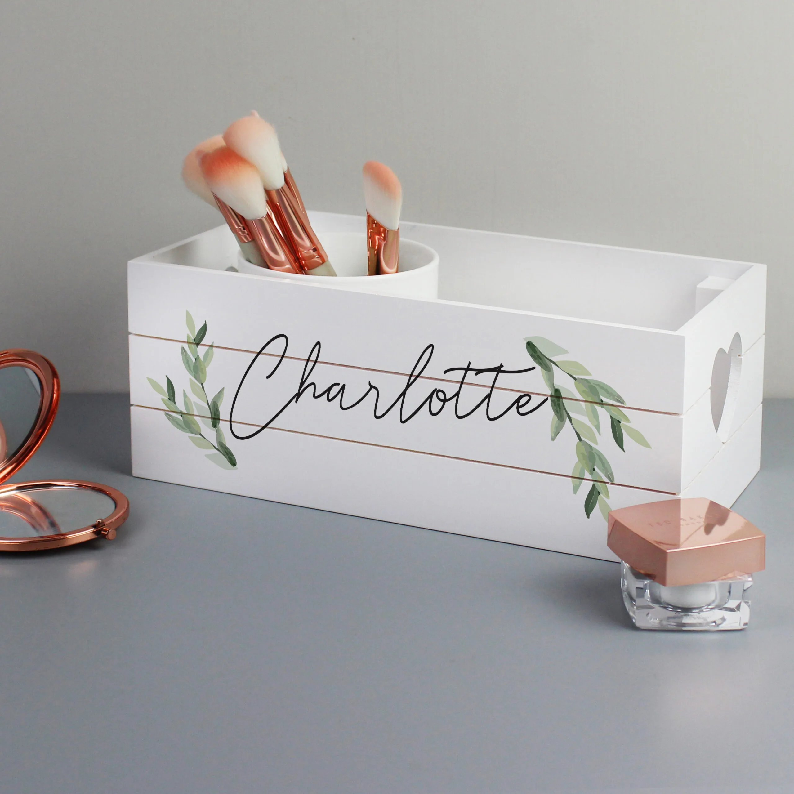 Personalised Name Only Botanical Design Small White Wooden Storage Crate - Image 4