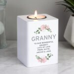 Personalised Any Message Abstract Rose Design White Wooden Tea Light Candle Holder