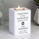 Personalised House & Heart Motif White Wooden Tea Light Candle Holder