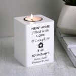 Personalised House & Heart Motif White Wooden Tea Light Candle Holder - Image 2