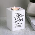 Personalised 'Mr & Mrs' White Wooden Tea Light Candle Holder - Image 3