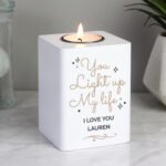 Personalised 'You Light Up My Life' White Wooden Tea Light Candle Holder