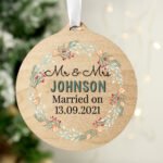 Personalised Any Message Wreath Design Round Wooden Christmas Decoration