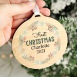 Personalised Any Message Wreath Design Round Wooden Christmas Decoration - Image 4