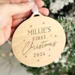 Personalised Baby's 'First Christmas' Round Wooden Decoration - Image 2