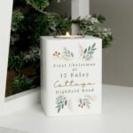 Personalised Christmas Foliage Design White Wooden Tea Light Candle Holder - Image 2