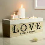 Personalised 'Love' Botanical Design Wooden Triple Tea Light Candle Box