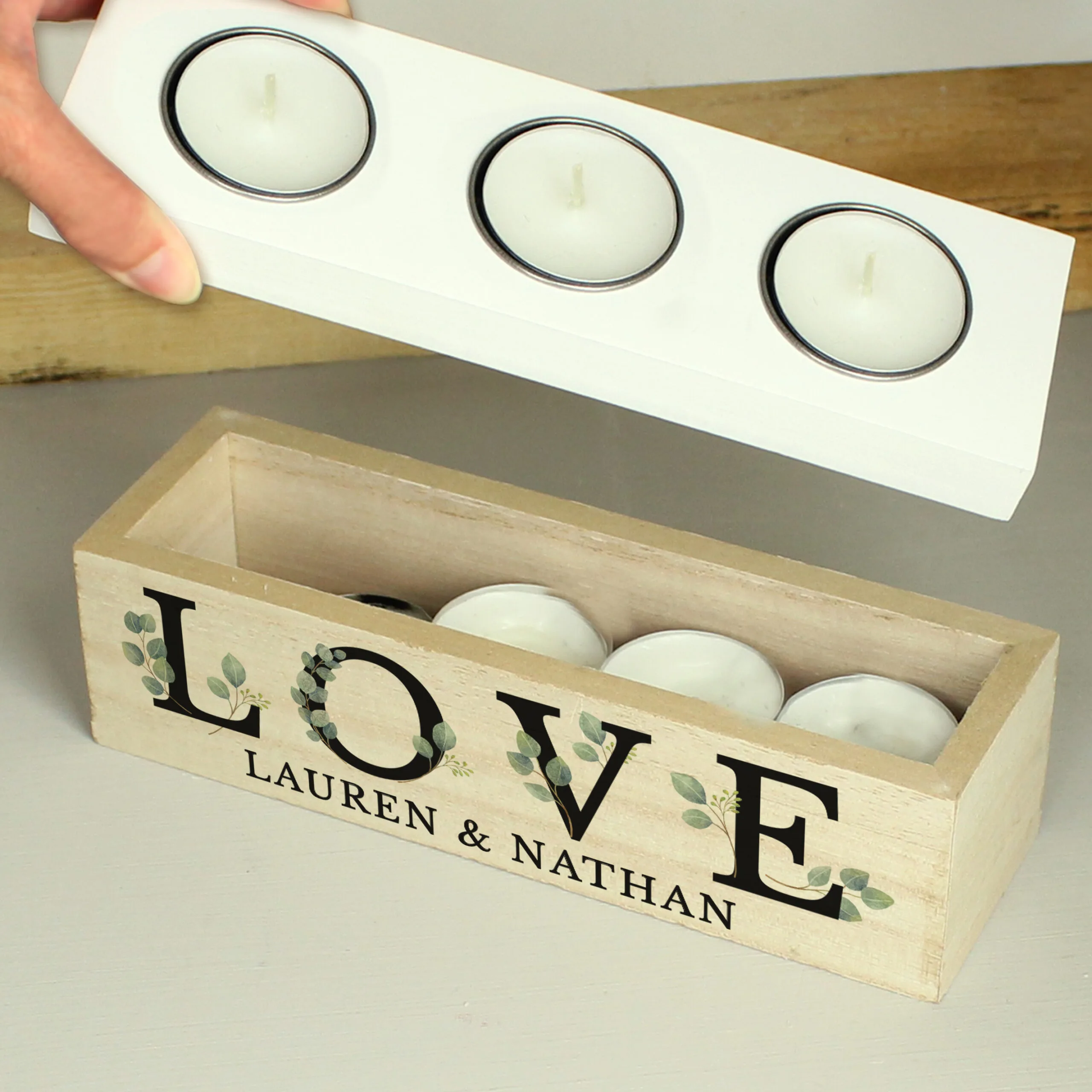 Personalised 'Love' Botanical Design Wooden Triple Tea Light Candle Box - Image 2