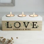 Personalised 'Love' Botanical Design Wooden Triple Tea Light Candle Box - Image 4