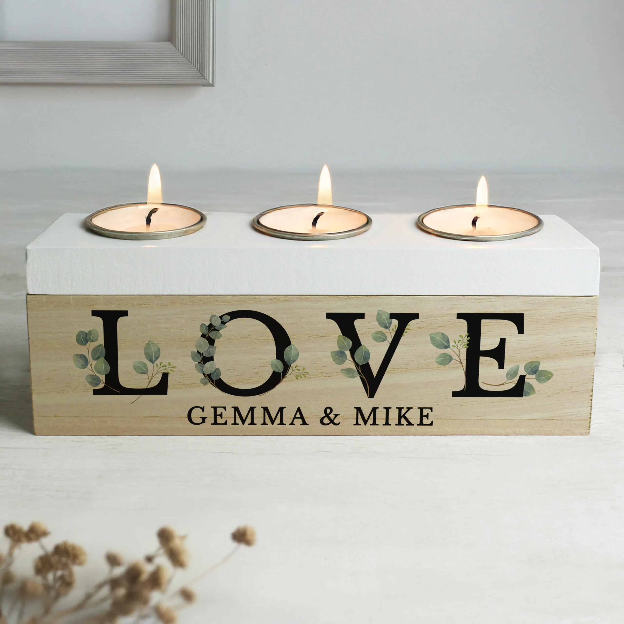 Personalised 'Love' Botanical Design Wooden Triple Tea Light Candle Box - Image 4