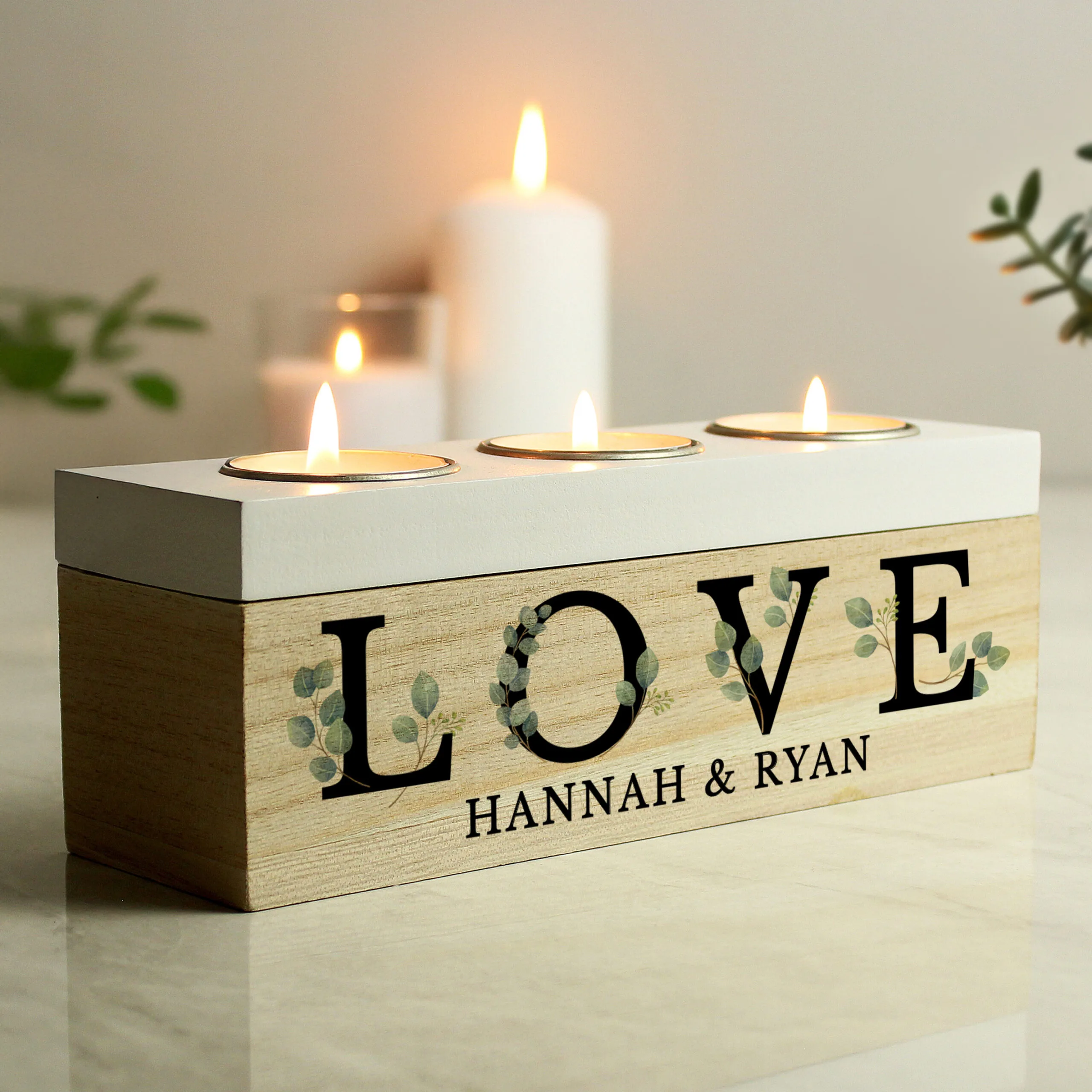 Personalised 'Love' Botanical Design Wooden Triple Tea Light Candle Box - Image 3