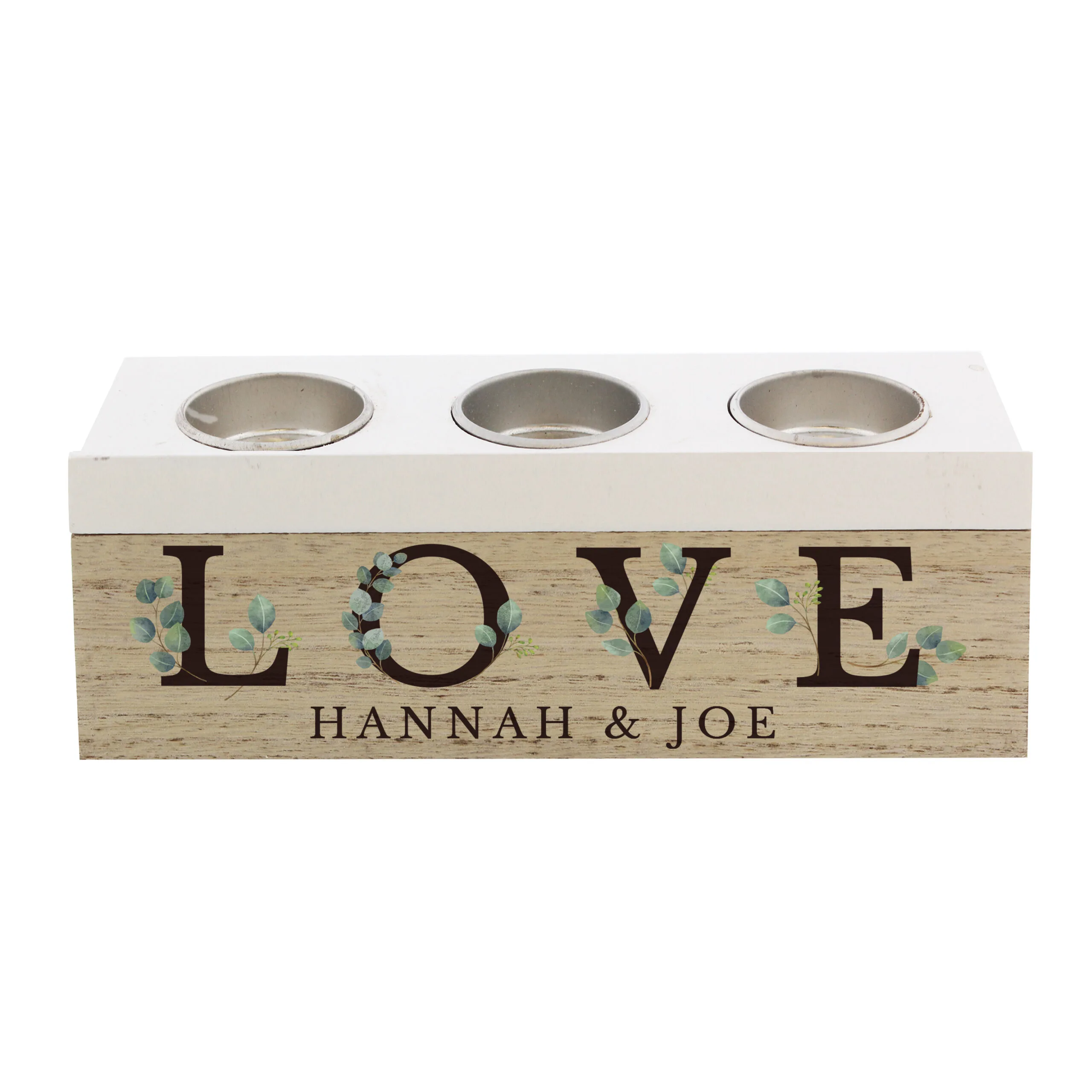 Personalised 'Love' Botanical Design Wooden Triple Tea Light Candle Box - Image 5
